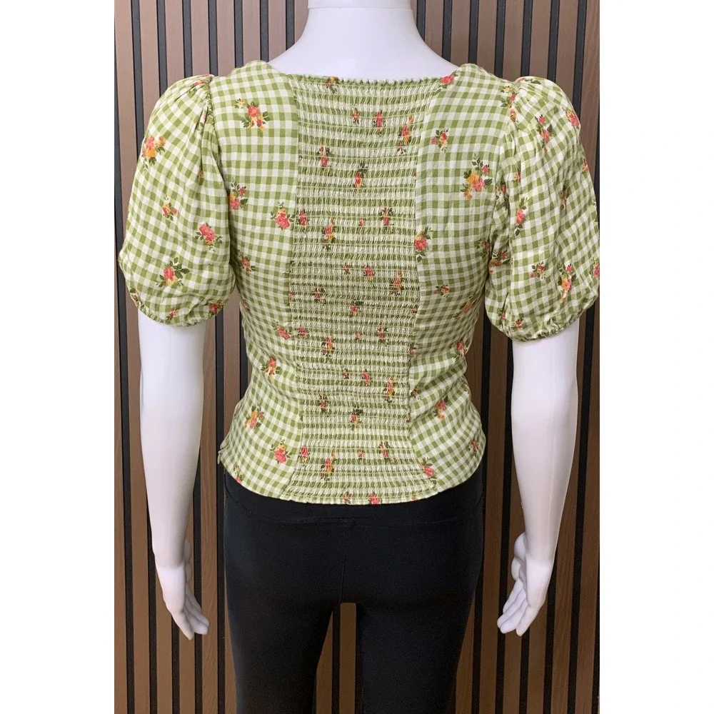Reformation Green Gingham Floral Smocked Puff Sleeve Top Size 6 Sweetheart Neck